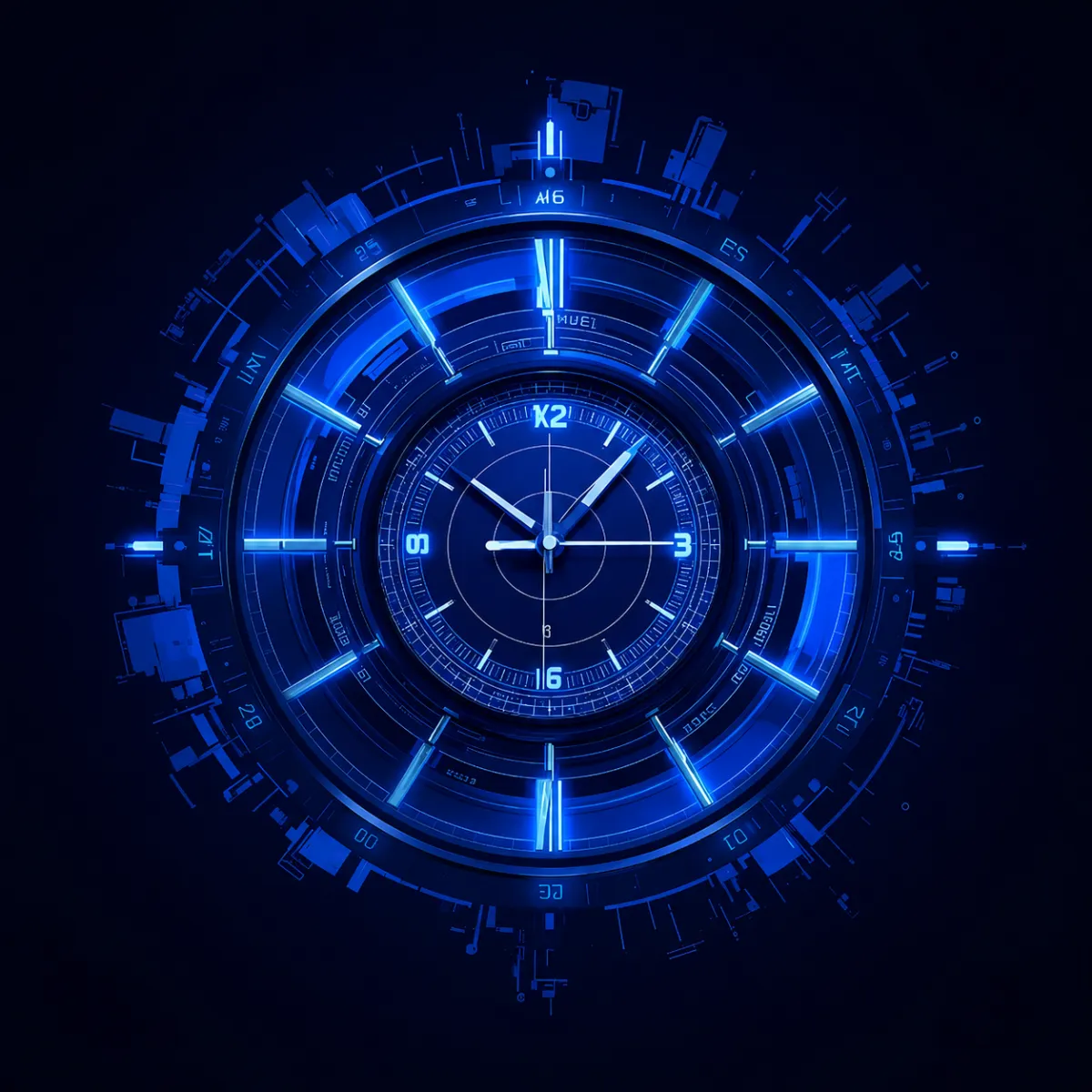 A glowing futuristic clock face with neon blue and purple circular elements, mechanical details, and radial markings arranged in a high-tech digital style.