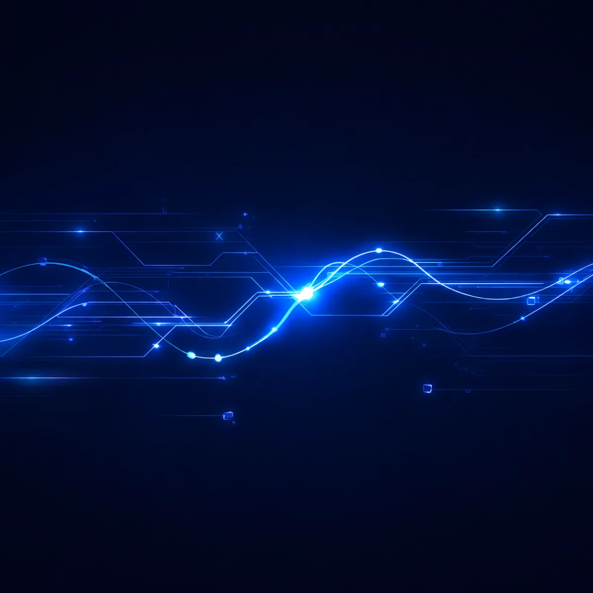 A glowing digital waveform made of neon blue and pink light trails flowing horizontally across a dark futuristic background.