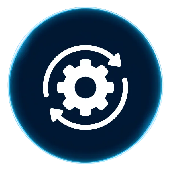 A purple circle with an icon in the middle that shows a gear with two arrows going around it