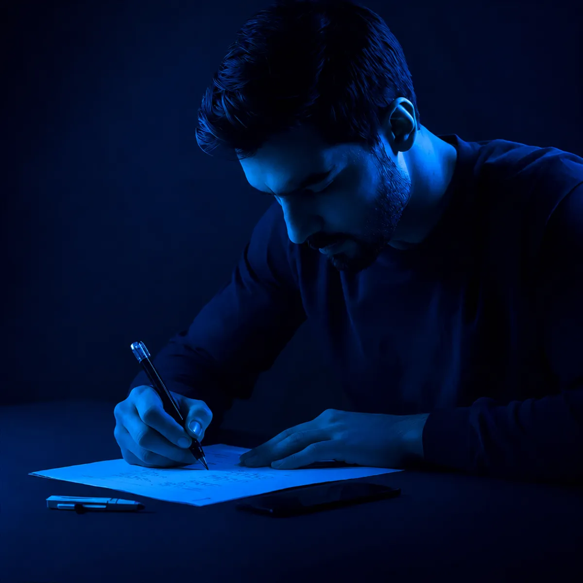 Man writing on paper at a desk, focused and leaning over his work, lit with dramatic blue and magenta lighting.