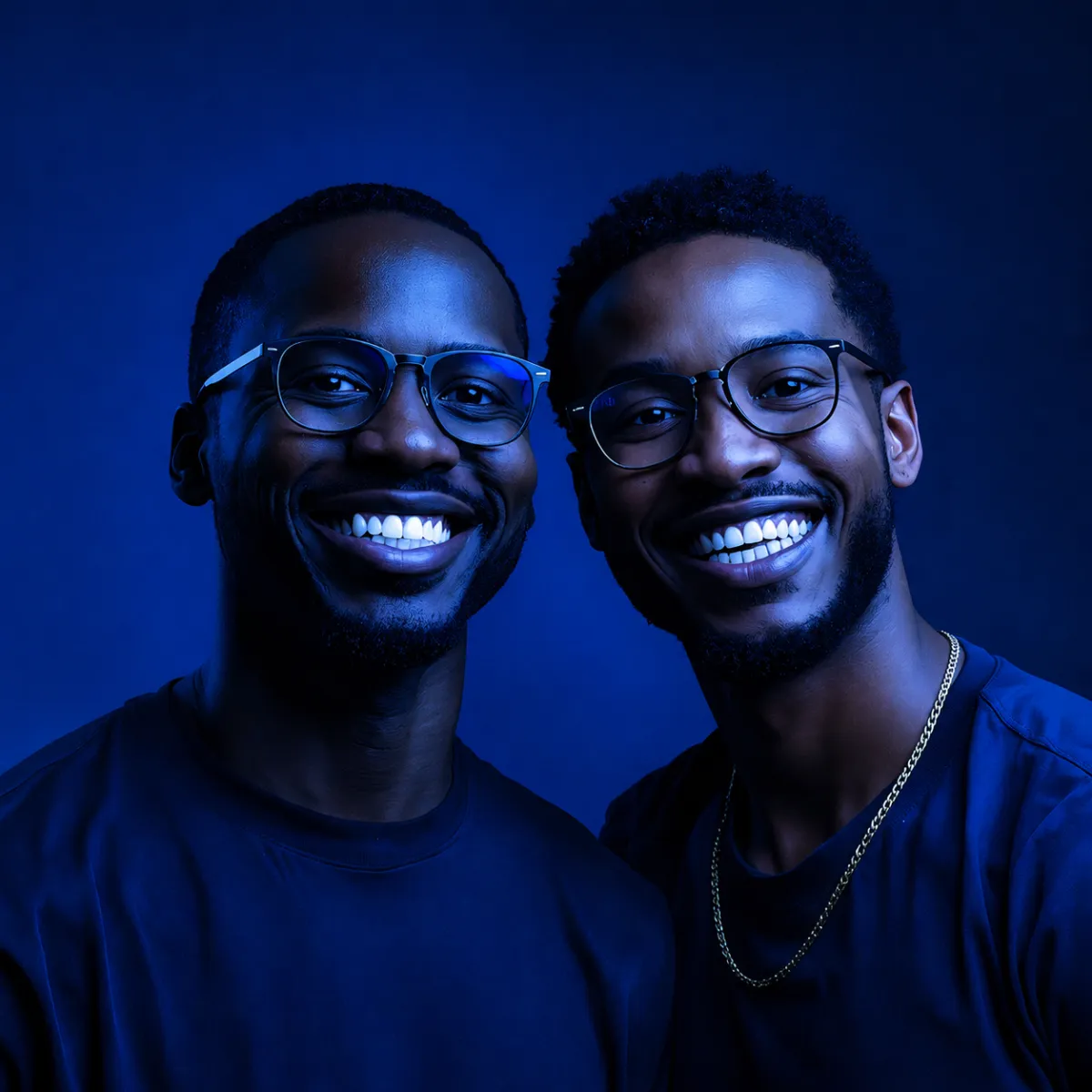 Two men wearing glasses smiling directly at the camera, illuminated with deep blue and purple lighting.