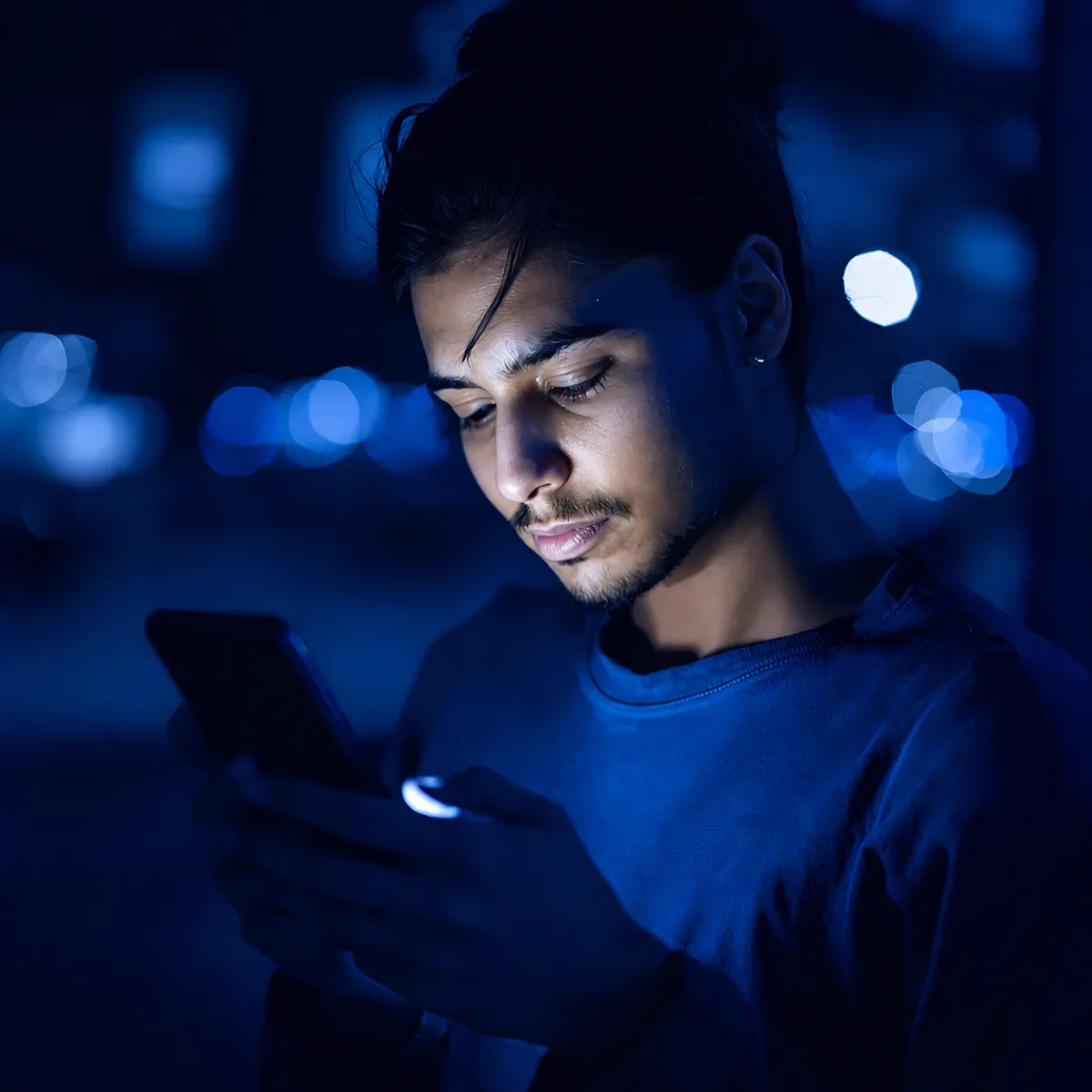 Man looking at a smartphone at night, his face illuminated by a blue glow with blurred city lights in the background.