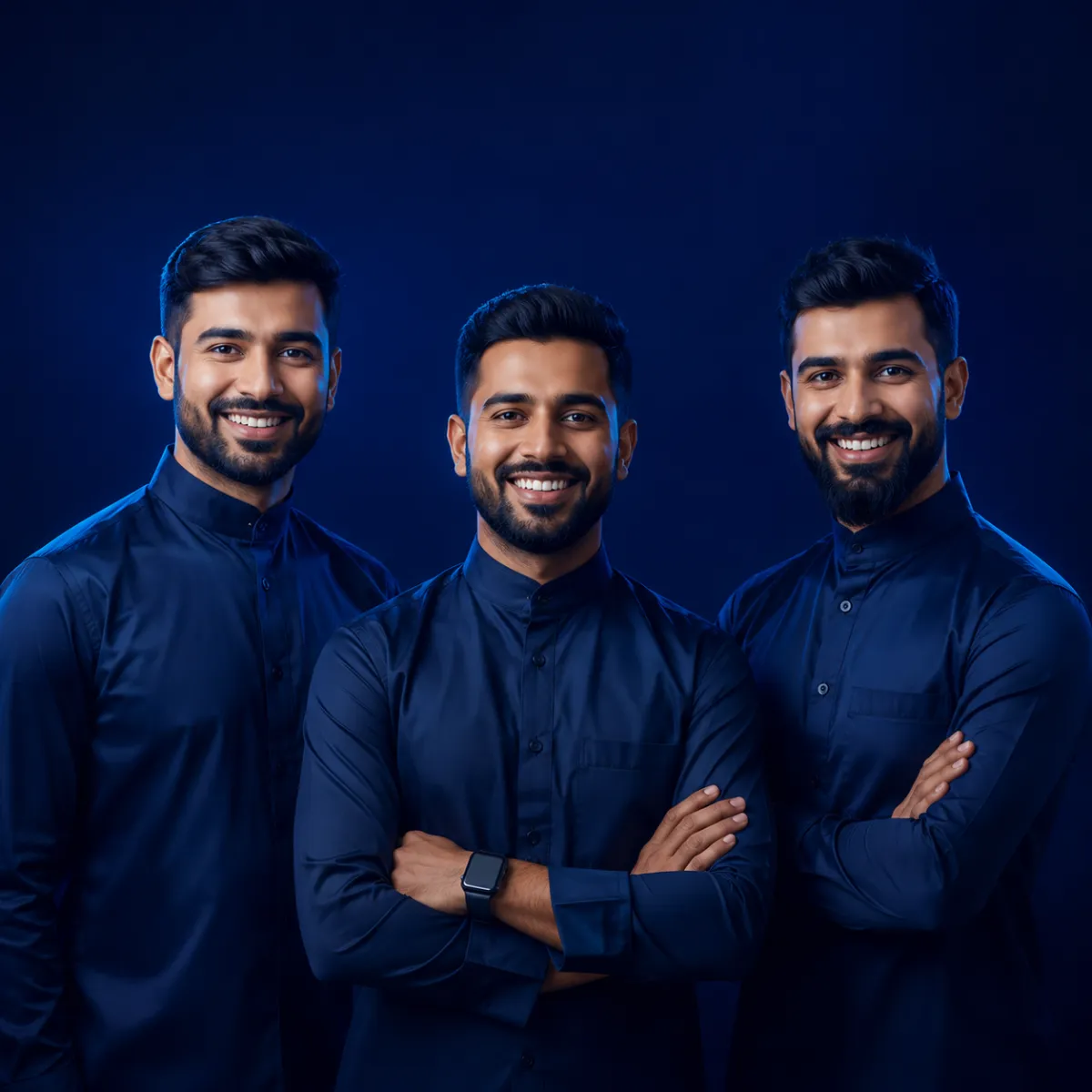 Portrait of three men standing together and smiling, all wearing matching dark blue traditional-style shirts against a softly lit background.