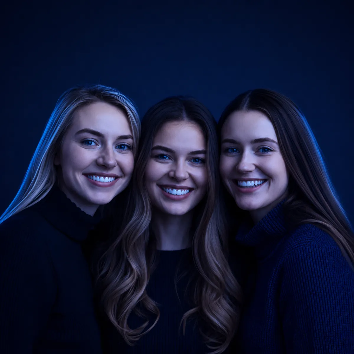 Portrait of three women standing close together and smiling, illuminated with cool blue and purple tones on a dark background.