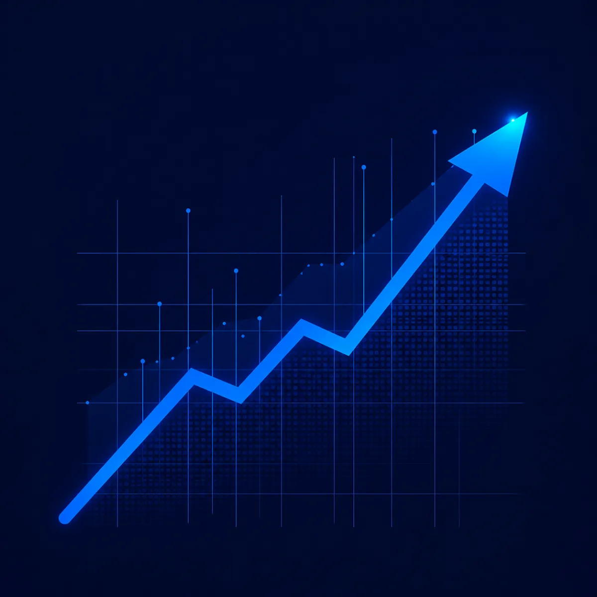 Neon-style line graph with a glowing purple and blue upward arrow, overlaid on a grid with data points, representing business or financial growth.