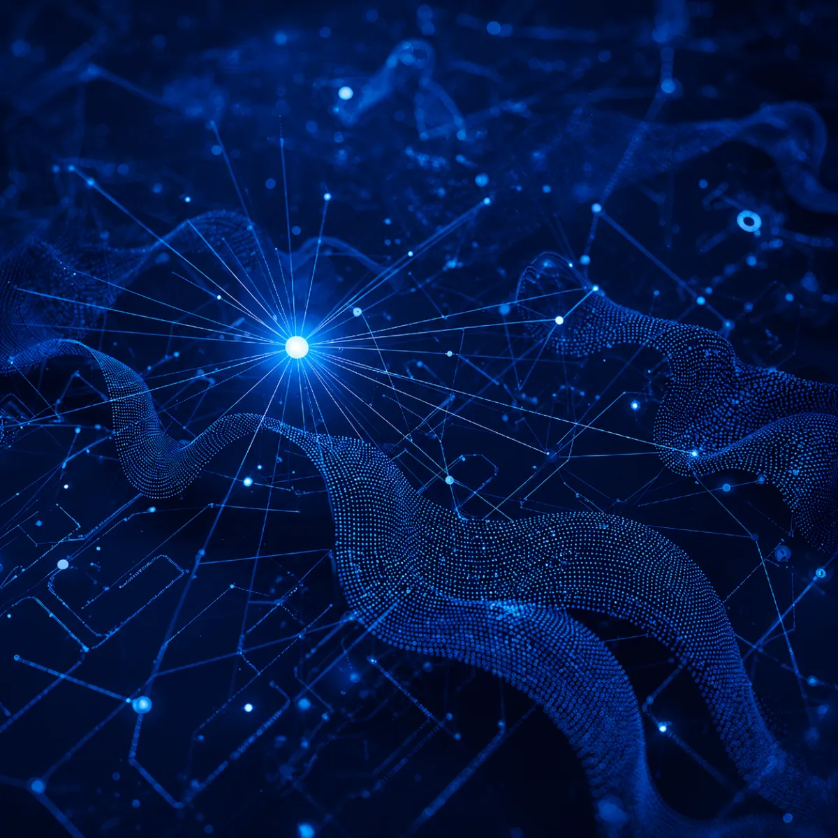 Abstract visualization of interconnected data networks with a bright central point emitting rays, featuring blue and purple mesh-like waves.