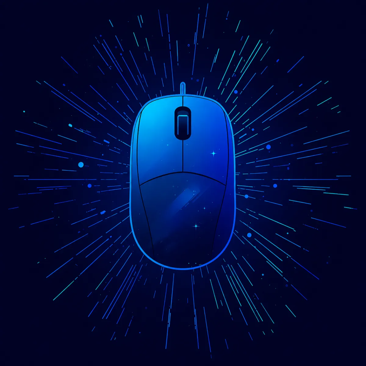 Digital illustration of a computer mouse glowing in blue and purple tones, surrounded by radiant light streaks that resemble an energetic burst.