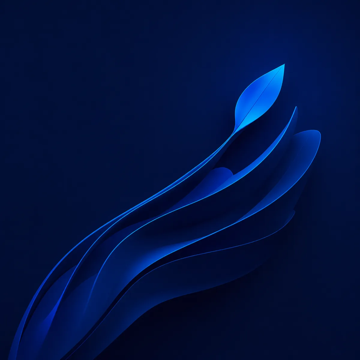 Abstract 3D illustration of layered blue shapes flowing upward into a single purple leaf, symbolizing growth, motion, or creativity.