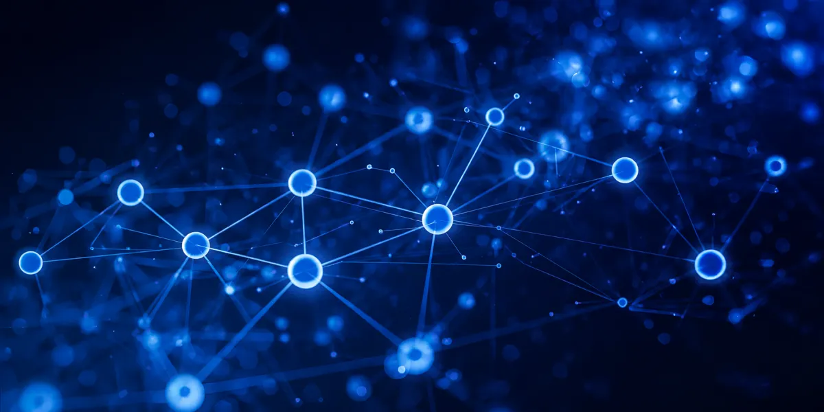 A futuristic digital network made of glowing pink and blue nodes connected by thin lines, set against a dark background with a soft bokeh effect.