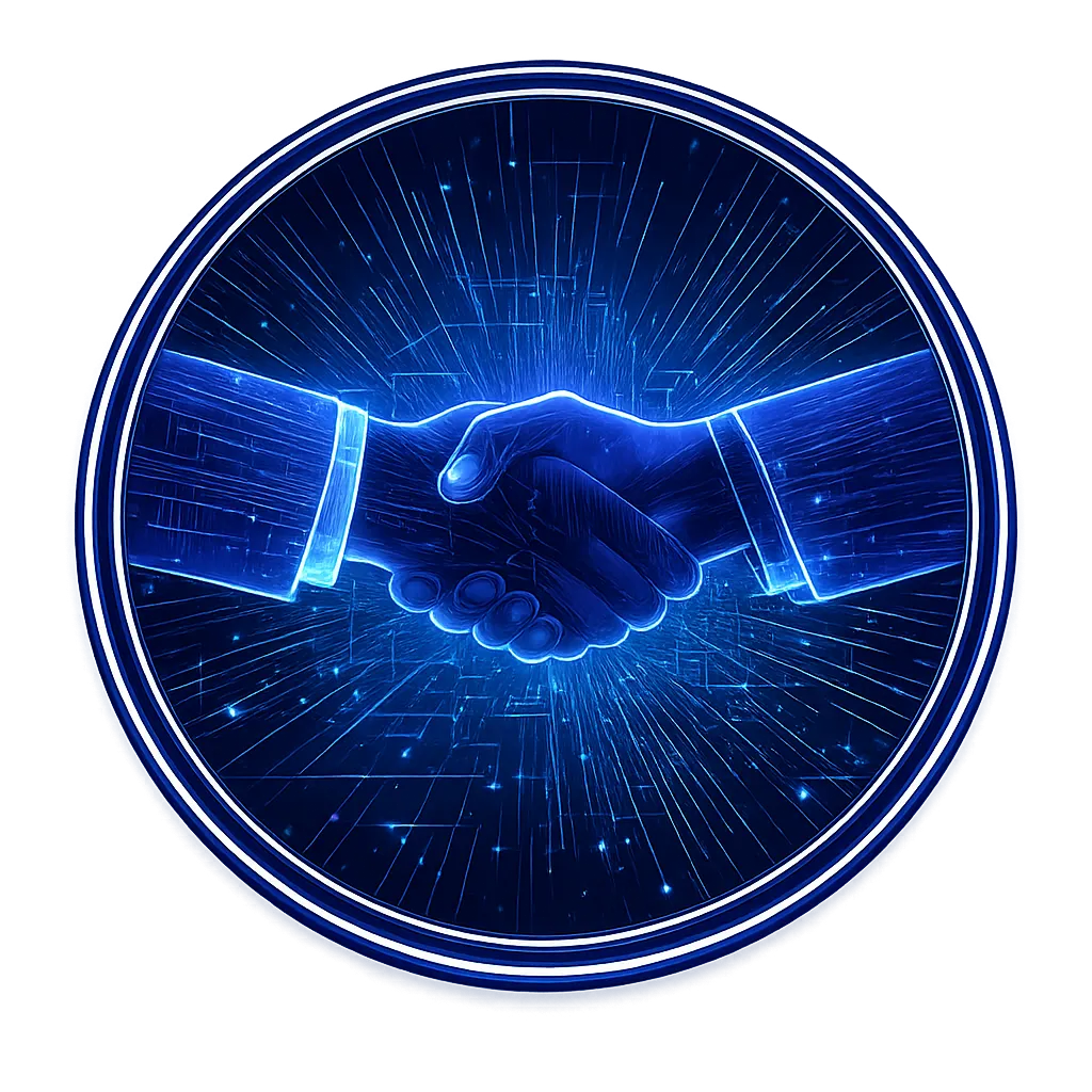 Two hands shaking in a glowing blue and purple neon style, surrounded by radiating digital lines and futuristic circuitry.