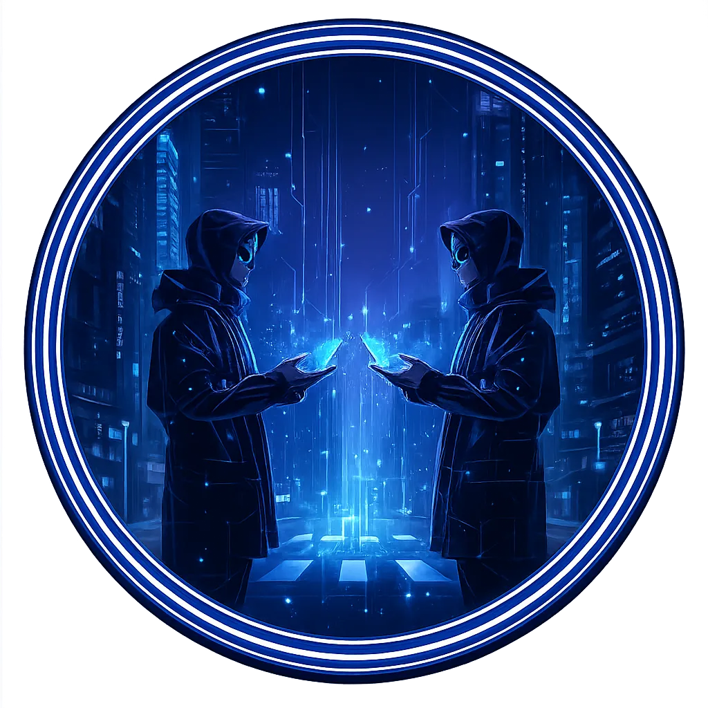 Two hooded individuals facing each other on a neon-lit cyberpunk city street, each holding a glowing tablet as digital lines flow around them.