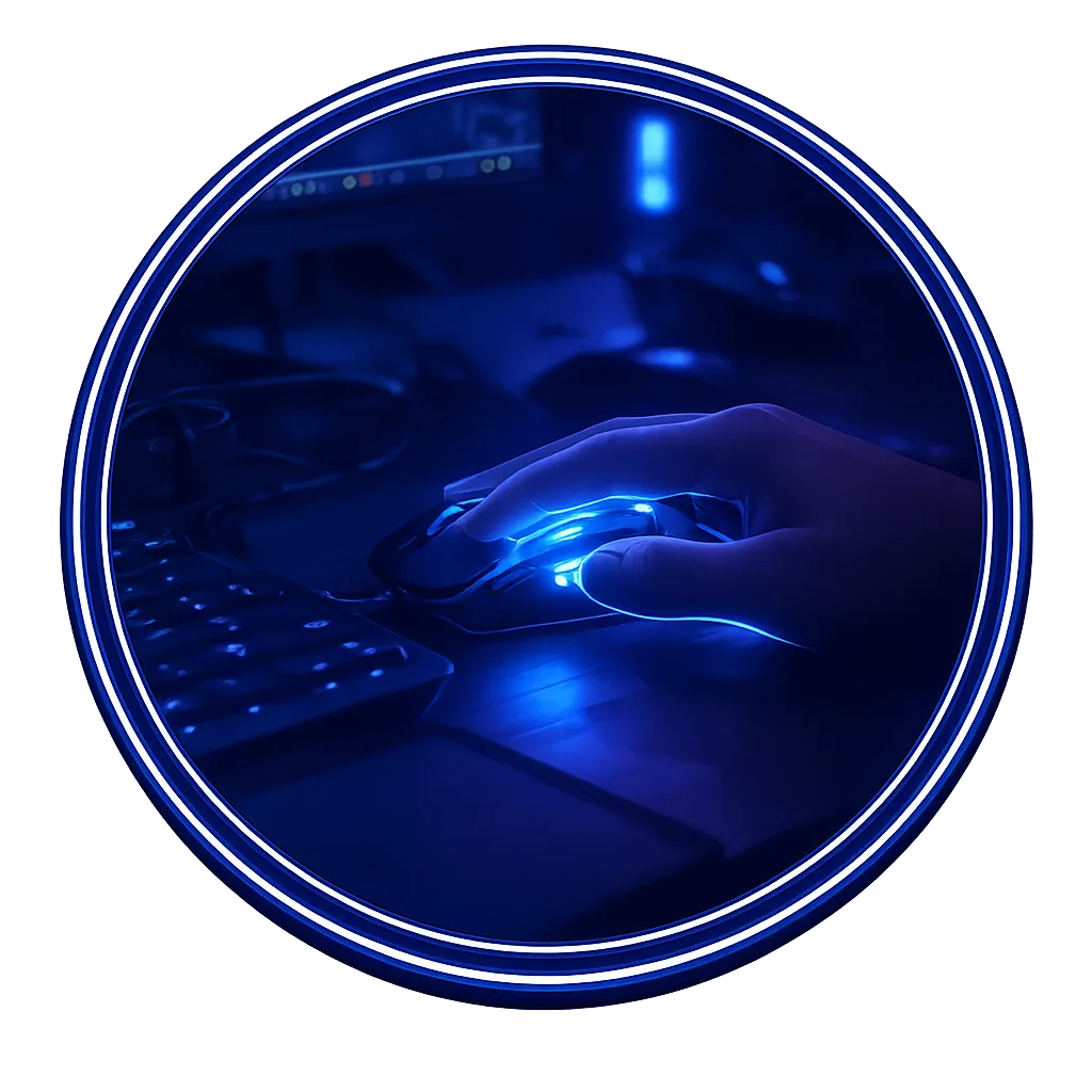 A person’s hand using a glowing RGB gaming mouse next to a keyboard in a dim, neon-lit computer setup.