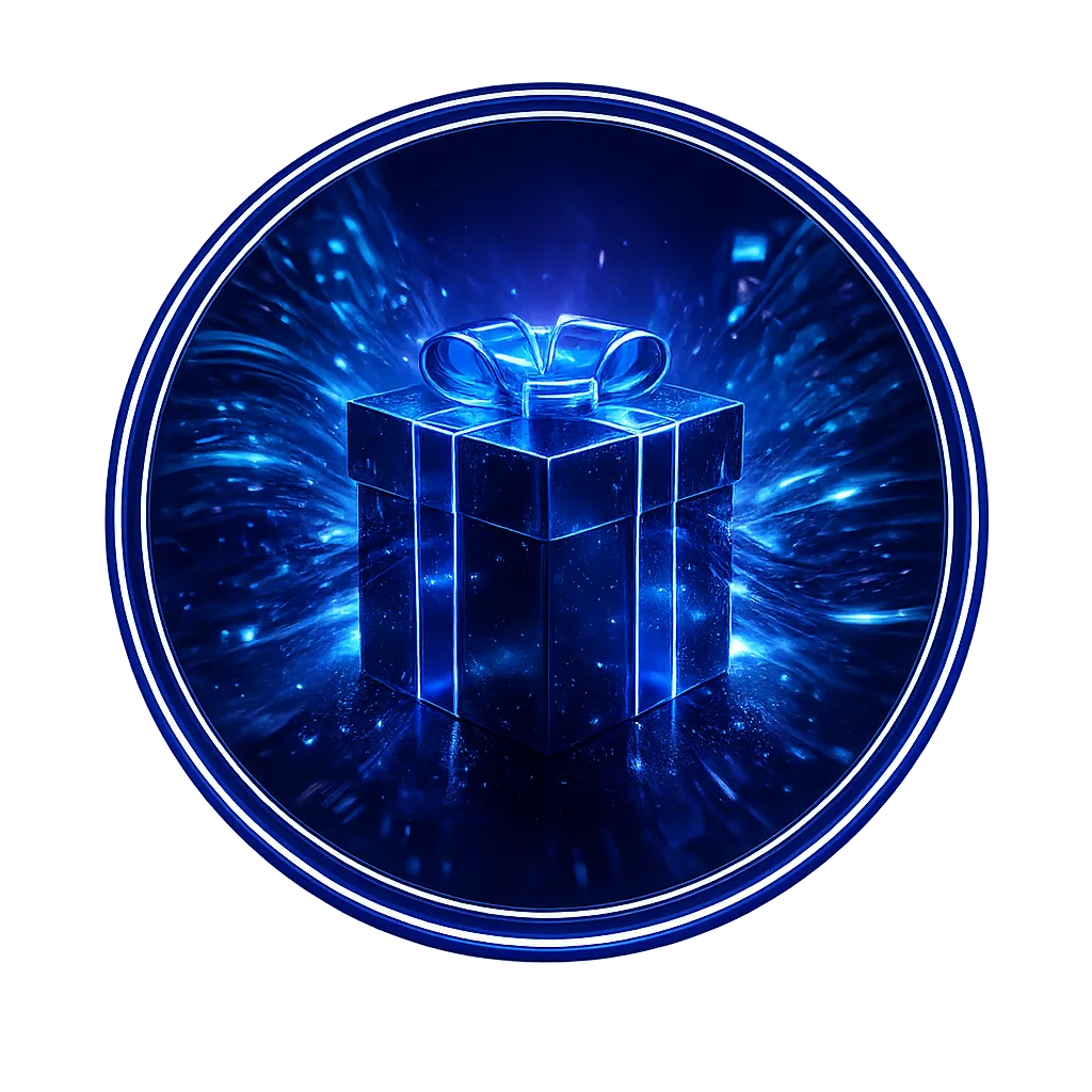 A glowing purple and blue gift box with a ribbon, surrounded by swirling neon light trails that create a dramatic, energetic effect.