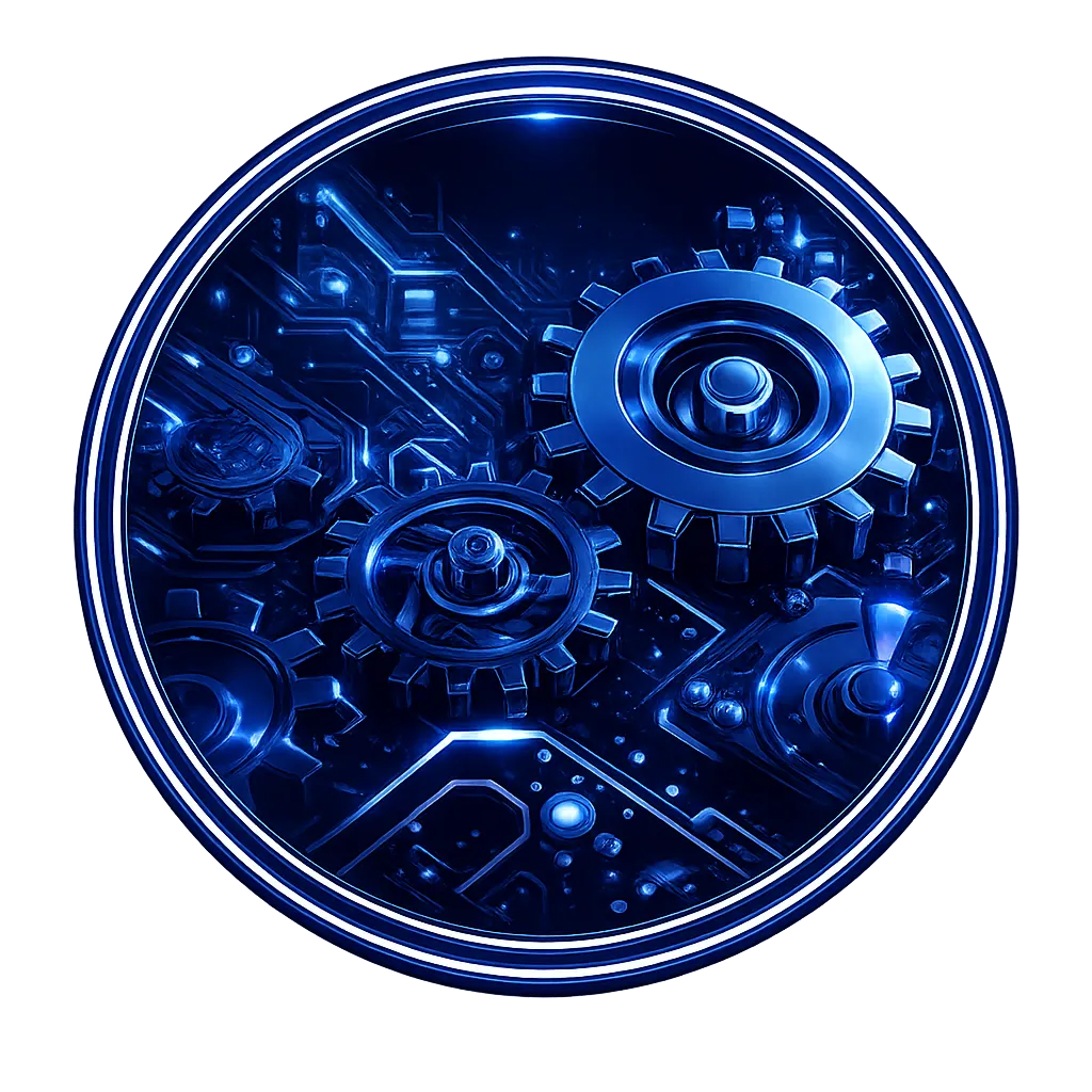 A close-up of interconnected mechanical gears rendered in glossy black with vibrant purple neon lighting accenting the components.