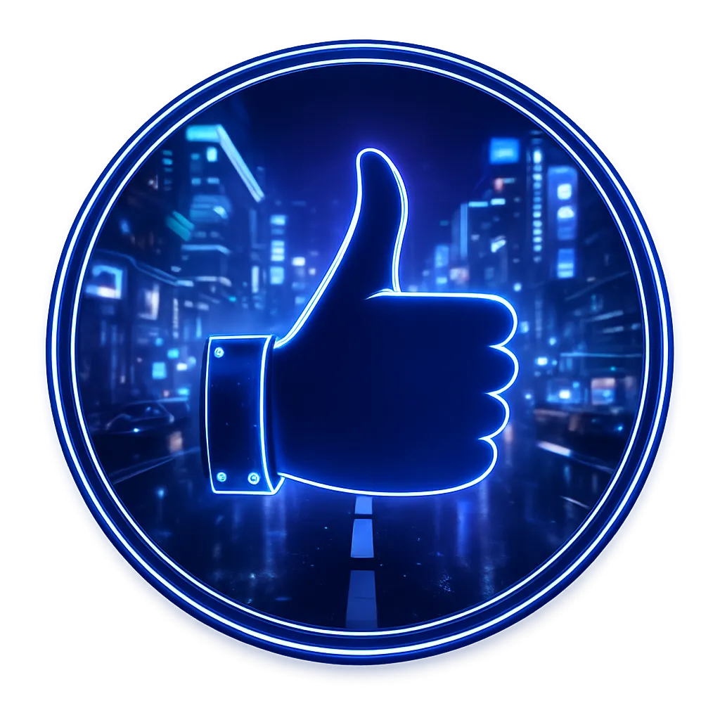 A glowing neon thumbs-up symbol in blue and pink, centered over a blurred cyberpunk city street with vibrant lights.