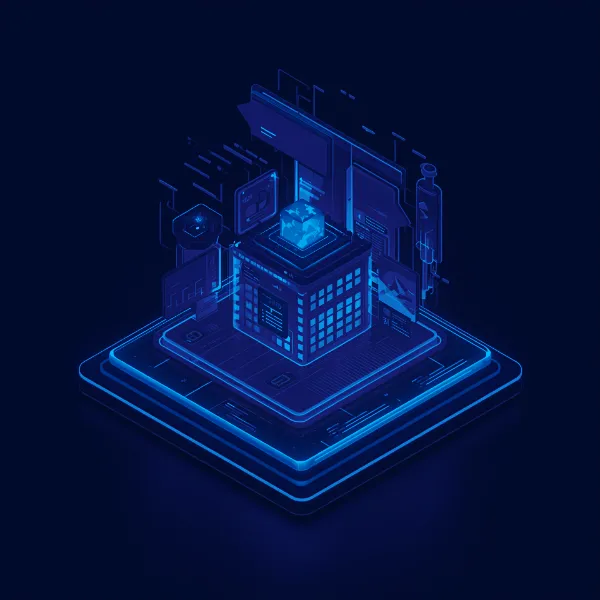 Neon isometric illustration of a digital data hub with floating screens and glowing components in pink and blue hues
