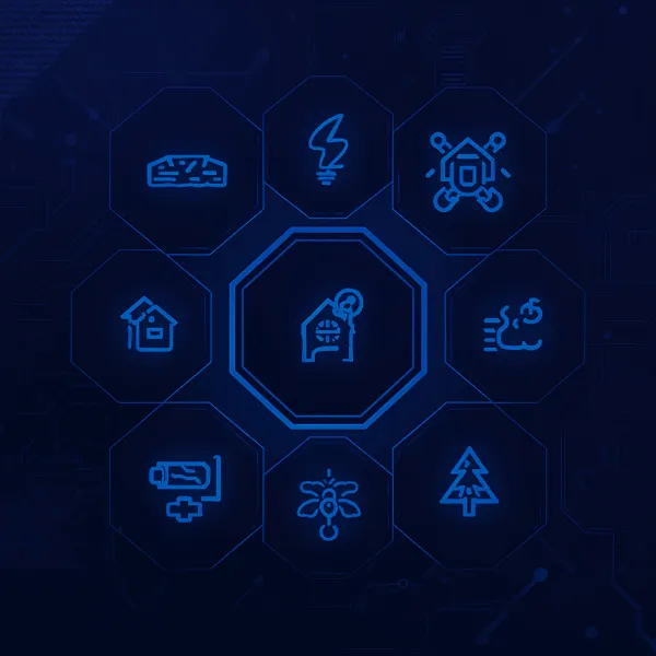 Neon-blue smart home icon set arranged in hexagons around a central hub on a purple futuristic circuit-board background.