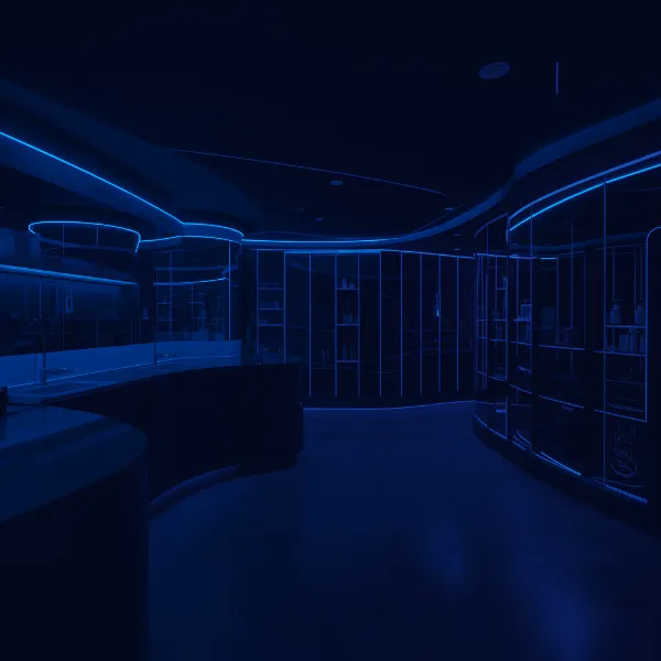 Futuristic interior space illuminated with blue and purple neon light strips, featuring curved counters and glowing shelving