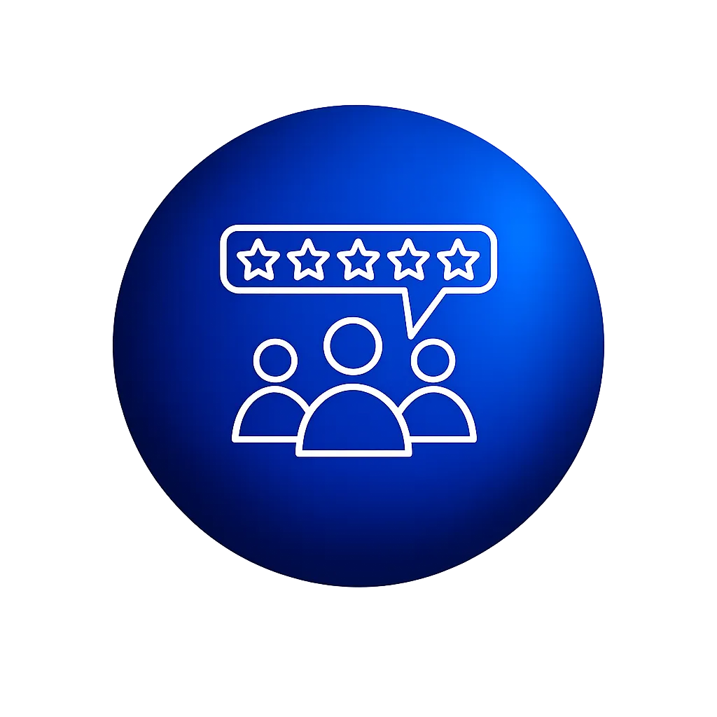 Light blue and pink circle with three people and a five star icon in the middle.