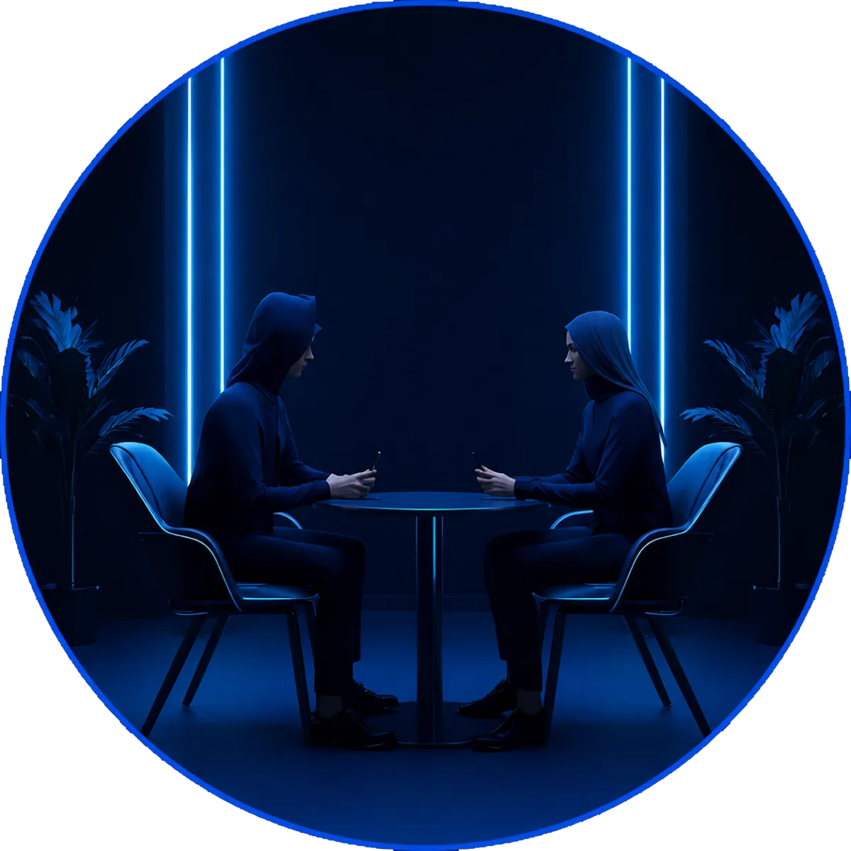 Two people dressed in dark hooded clothing sit facing each other at a small table in a dimly lit room with purple and blue neon light strips, creating a futuristic and mysterious atmosphere.