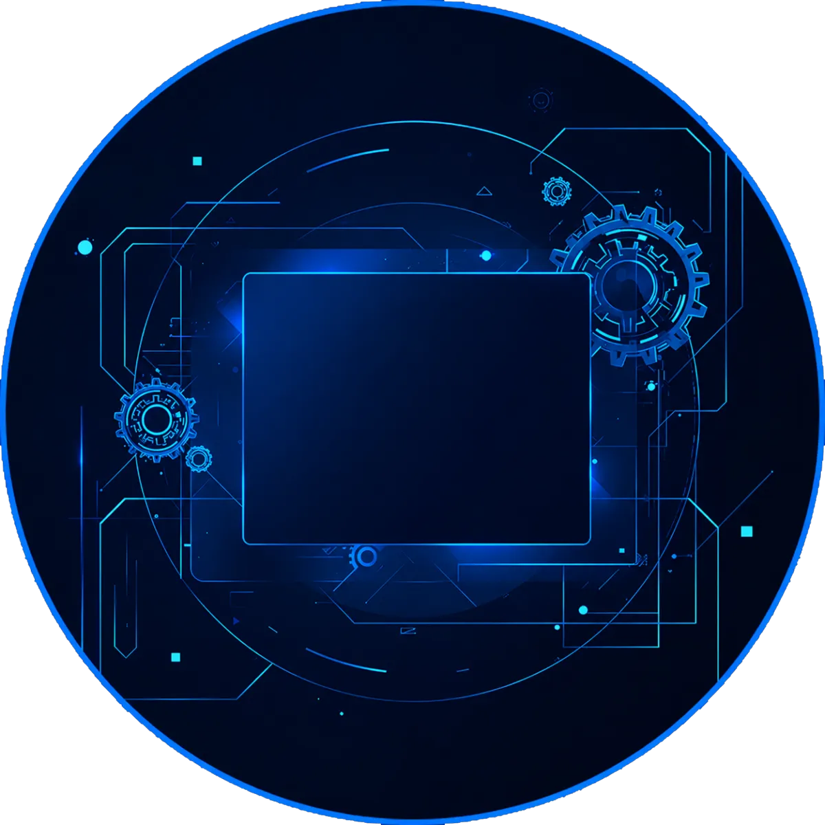 A futuristic circular interface with glowing purple outlines, featuring a central rectangular frame surrounded by digital circuit patterns and mechanical gear elements on a dark background.
