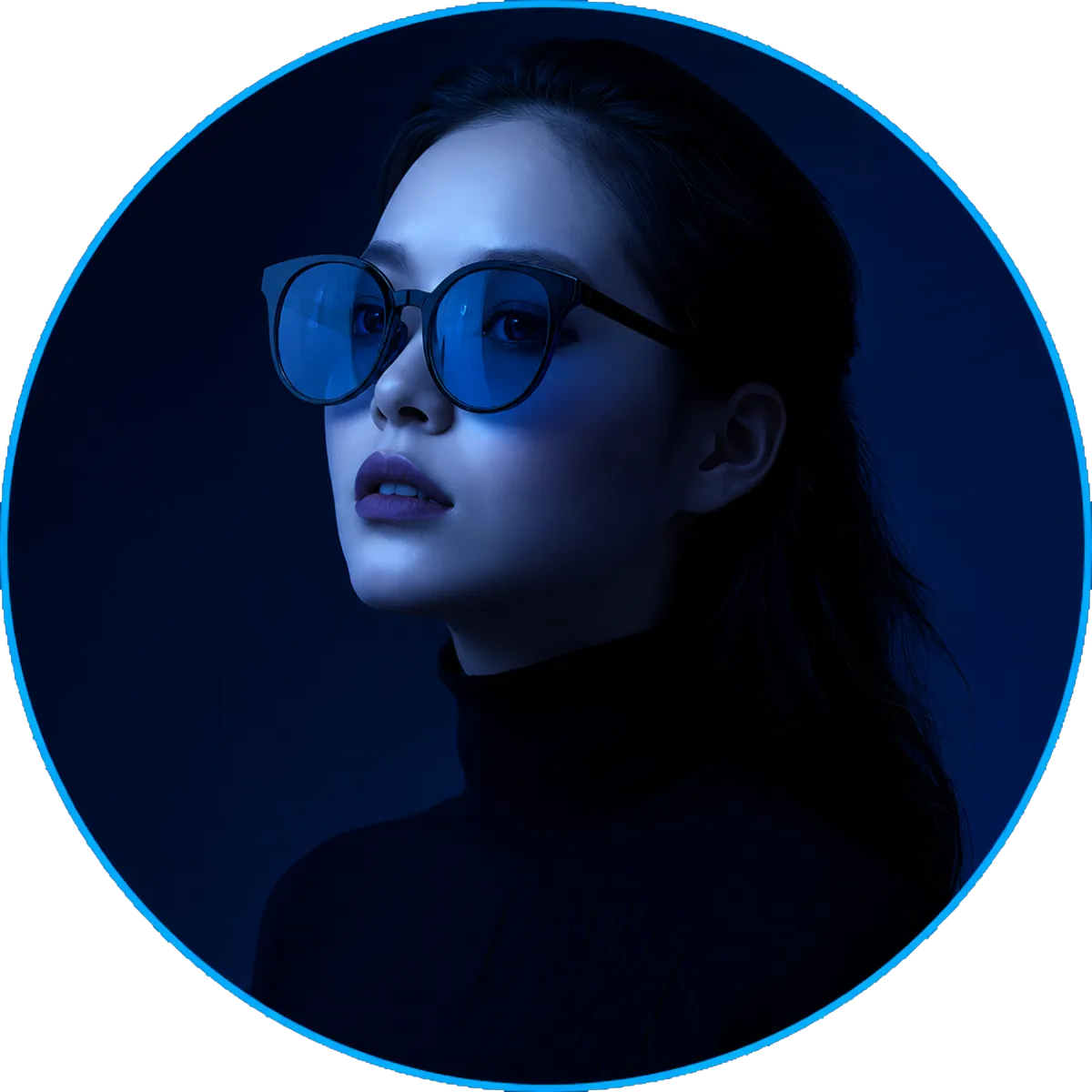 A stylized portrait of a woman wearing reflective glasses and a black turtleneck, lit with purple and blue neon tones, framed within a glowing circular border.