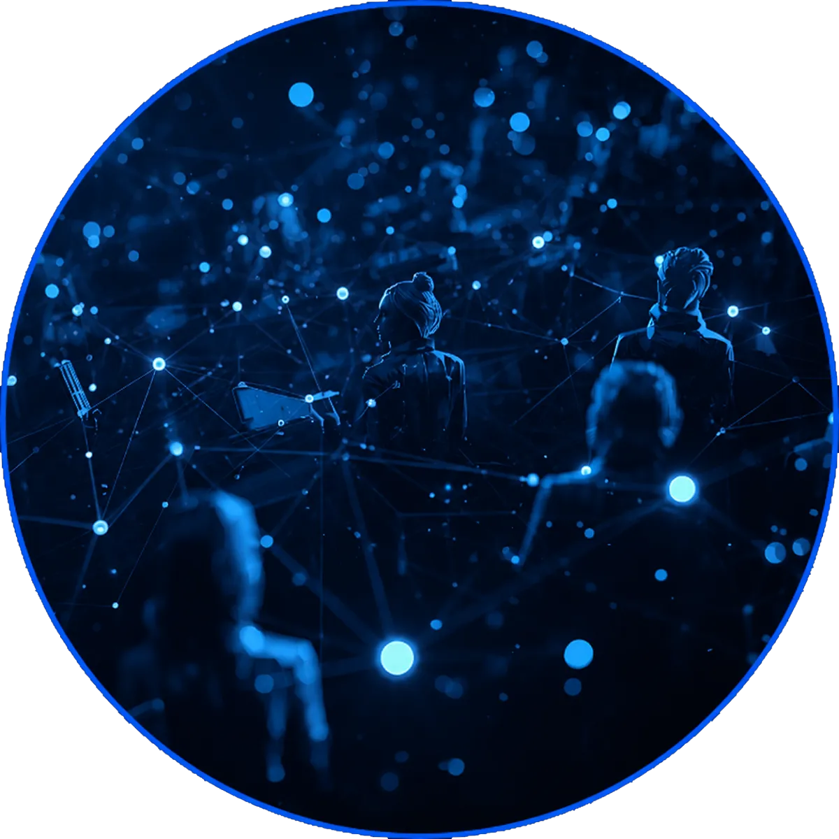 A futuristic scene showing multiple silhouetted figures connected by glowing pink and purple network lines and data points, symbolizing digital connectivity, communication, and a connected global community.