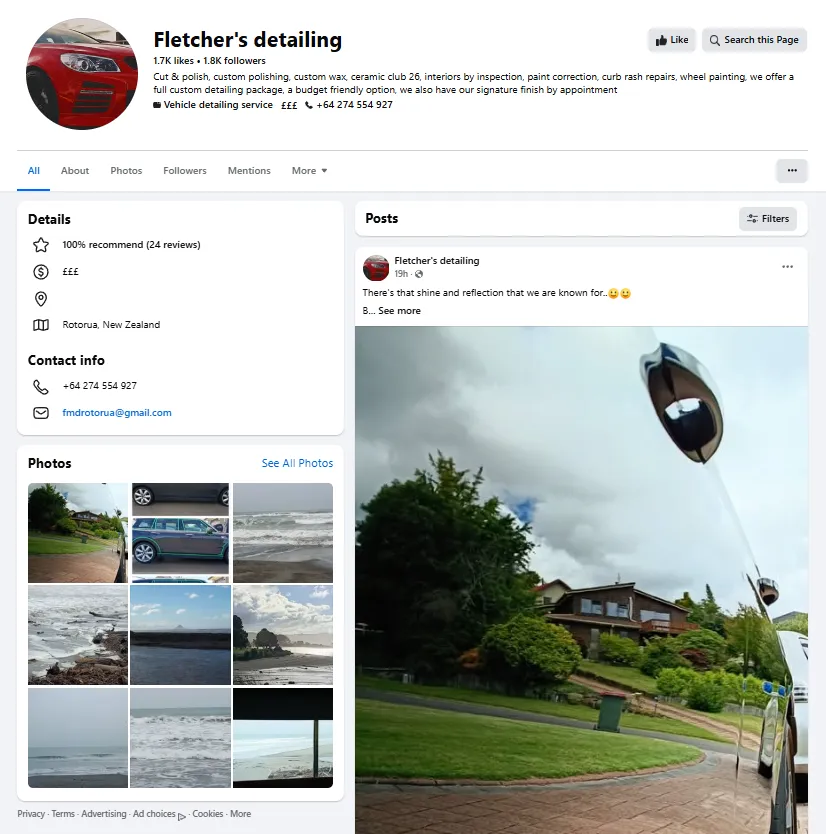 Fletcher’s Detailing Facebook page showing mobile car detailing business in Rotorua New Zealand