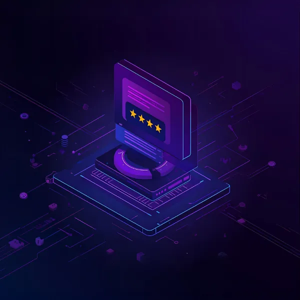 A futuristic neon-style illustration of a computer displaying a five-star rating, floating above a glowing digital platform with circuit-like elements in a dark purple environment.