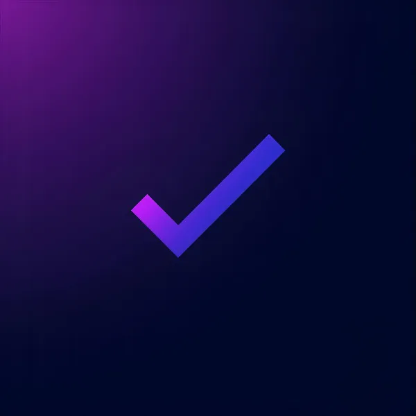 Neon purple and blue gradient checkmark icon centered on a dark background with soft glowing light in the upper left corner.
