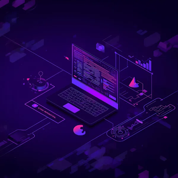A futuristic laptop on a digital grid interface displaying glowing code and charts, surrounded by holographic data elements in purple and pink tones.