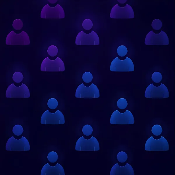 A repeating pattern of glowing blue and purple user profile icons arranged in rows against a dark digital background, representing people or online accounts.