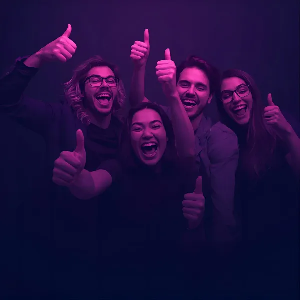Group of four young adults smiling and giving enthusiastic thumbs-up gestures, illuminated with purple and pink neon lighting.