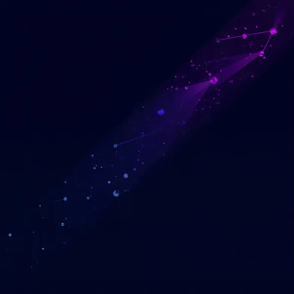 An abstract diagonal trail of glowing purple and blue particles connected by faint lines, resembling a constellation or data stream against a dark background.