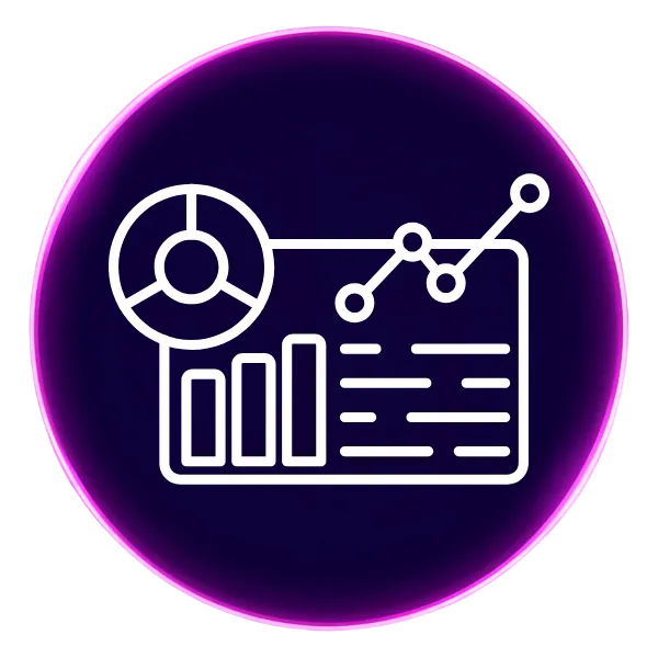 A purple circle with an icon in the middle that shows a dashboard resembling upwards trends