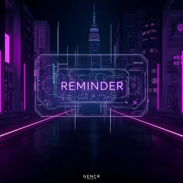 Cyberpunk-style cityscape with a glowing neon interface displaying the word 'REMINDER' in bright purple at the center.