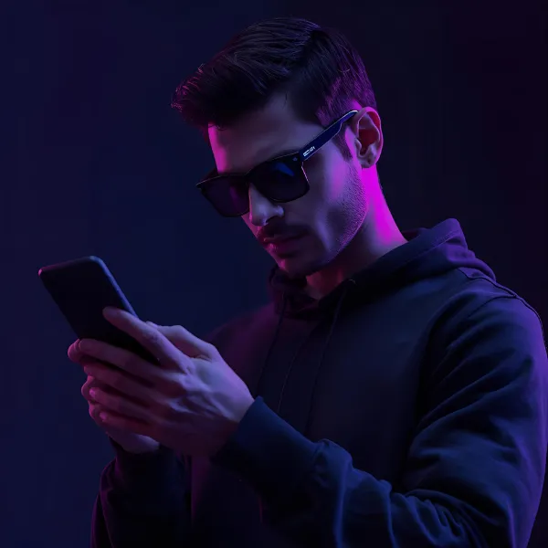 A man in a dark hoodie wearing sunglasses looks down at his smartphone, illuminated by purple and blue neon lighting.