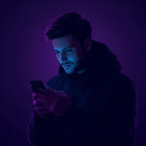 Digital illustration of a young man standing in a dark purple and blue environment, illuminated by the light of his smartphone as he looks down at the screen.