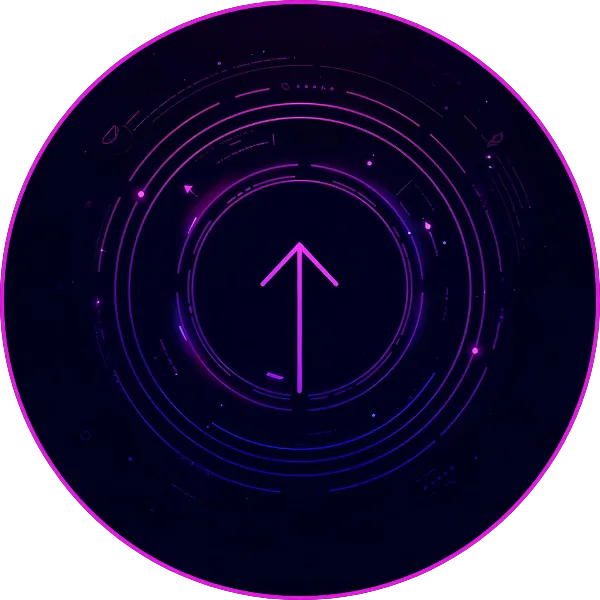 A neon purple upward-pointing arrow centered within concentric digital rings and futuristic interface elements on a dark background.