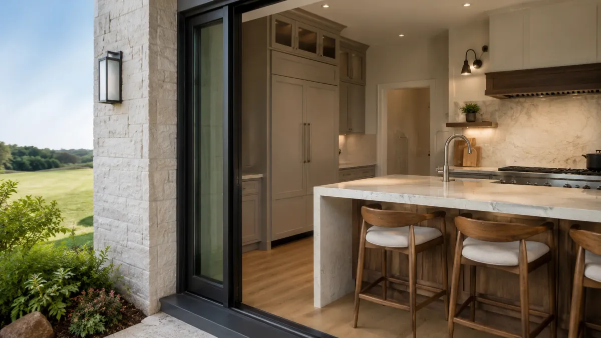Single-story Eureka CA home with upgraded exterior details and large windows showcasing a high-end remodeled kitchen with custom finishes.