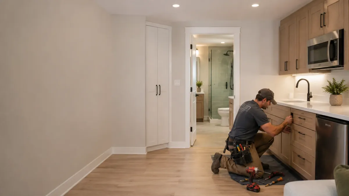 Contractor finishing an ADU conversion with a compact kitchen, modern cabinetry, bathroom and residential living space in Eureka, CA.
