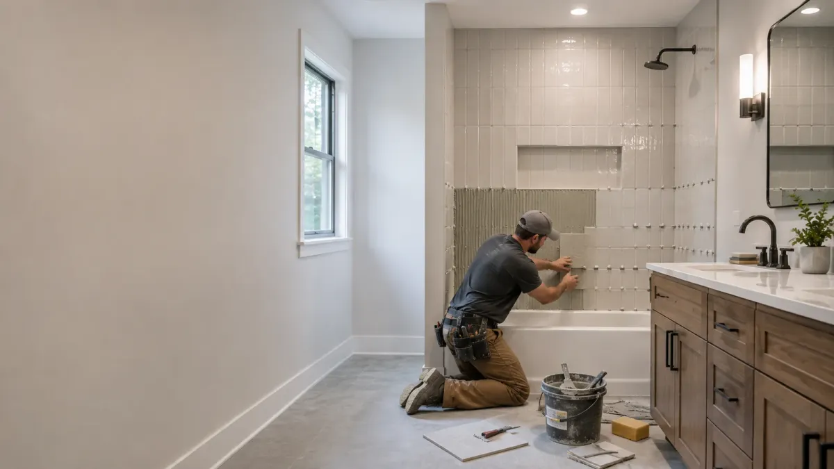 Remodeling contractor installing bathroom tile with spacers, mortar and precise alignment during a Eureka, CA renovation.