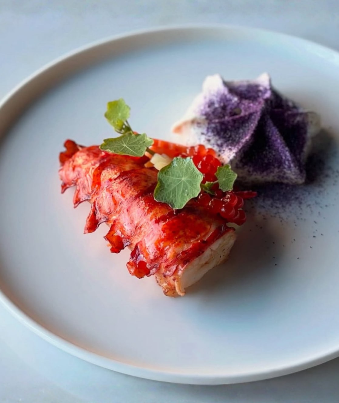 lobster fine dining dish foam violet dust private chef London elegant plating