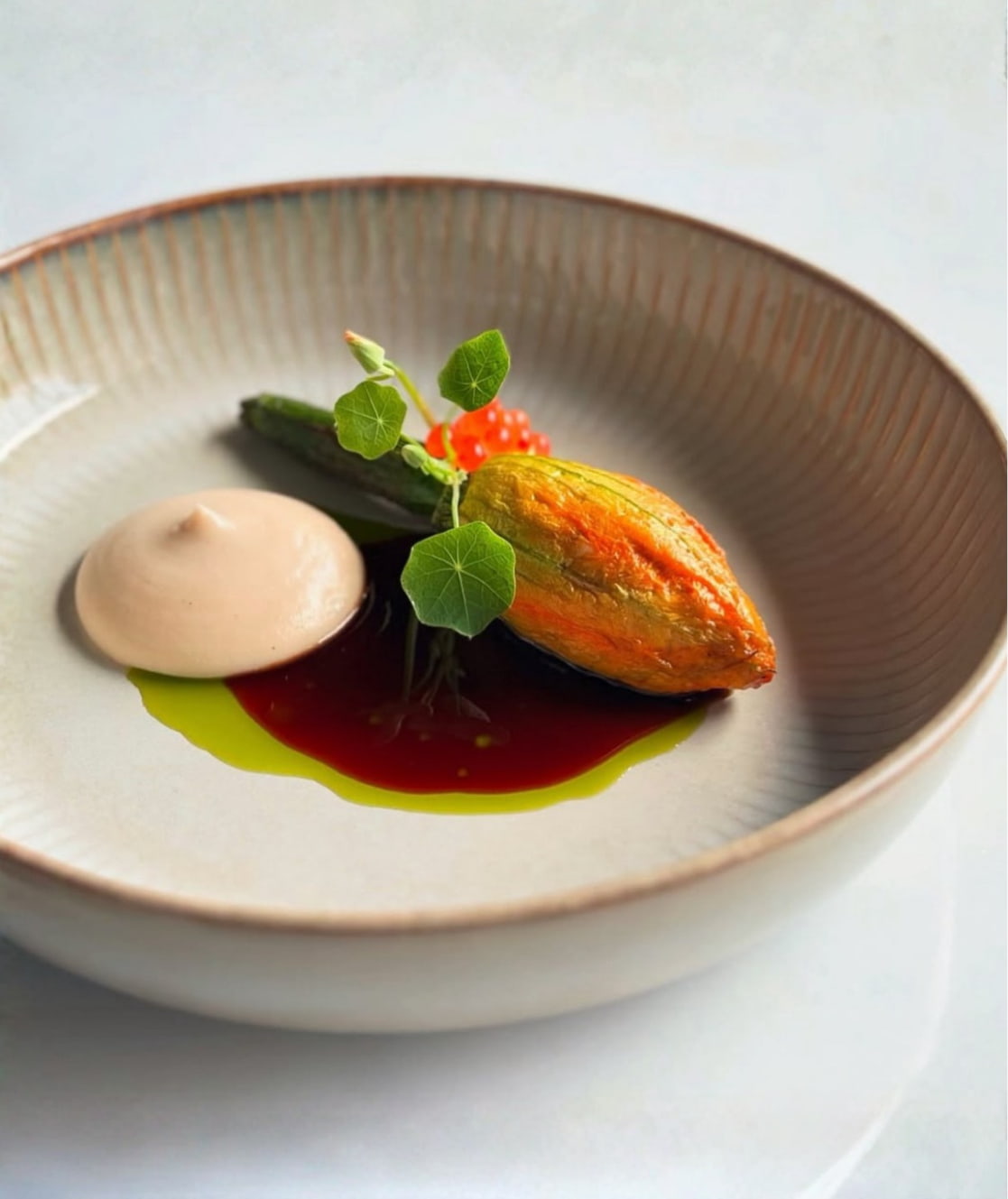 zucchini flower fine dining private chef London elegant plating