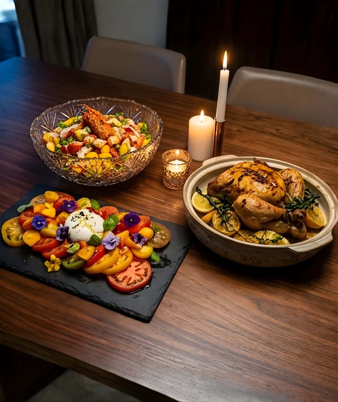 sharing table private chef London roasted chicken salad fine dining setup