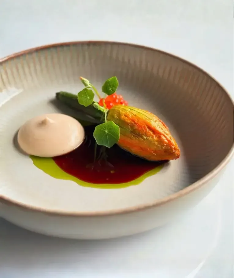 zucchini flower fine dining private chef London elegant plating