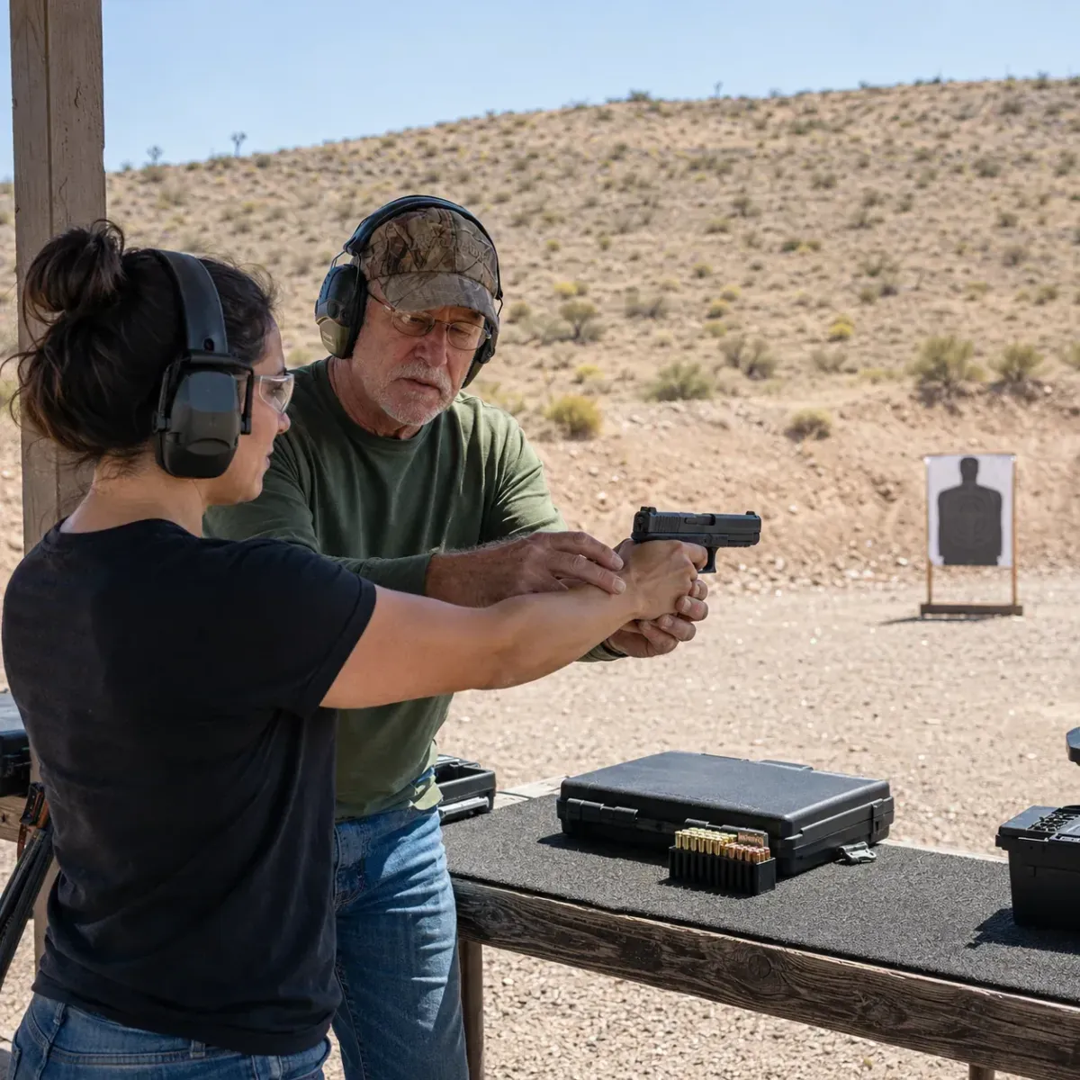 Instructor teaching safe handgun handling and shooting fundamentals to a beginner
