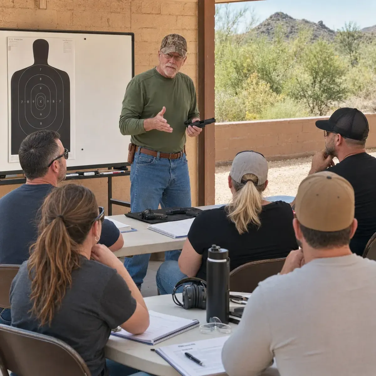 Adult students learning handgun safety and firearm basics during a beginner class