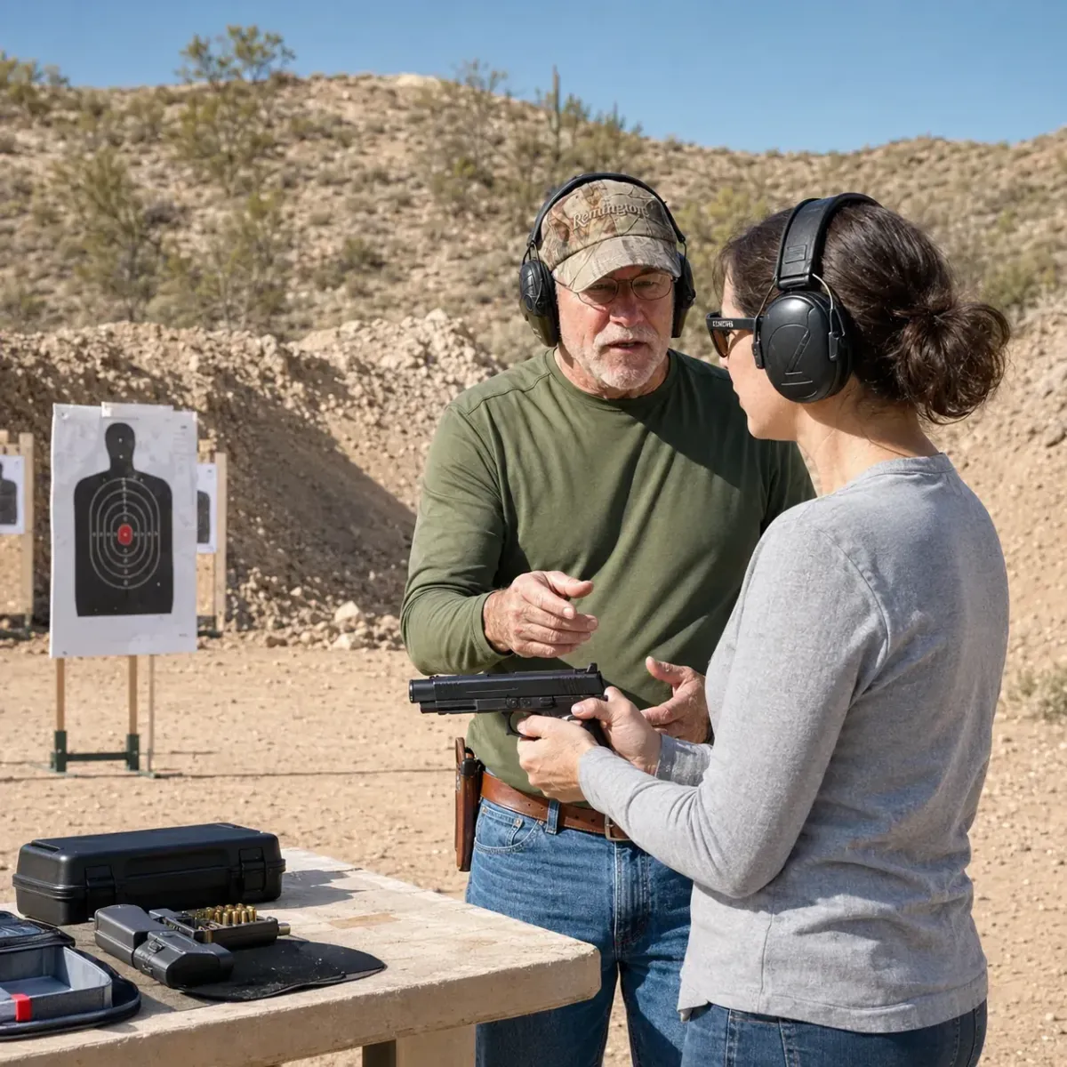 Shoot Safe instructor providing one-on-one handgun training to an adult student