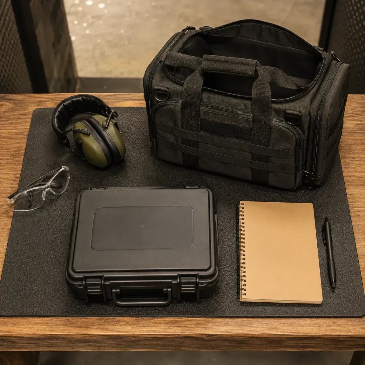 Eye protection, hearing protection and range equipment prepared for basic handgun training